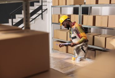 Storehouse supervisor analyzing merchandise checklist, standing beside cardboard boxes in storage room. African american manager wearing helmet and industrial overall working in warehouse